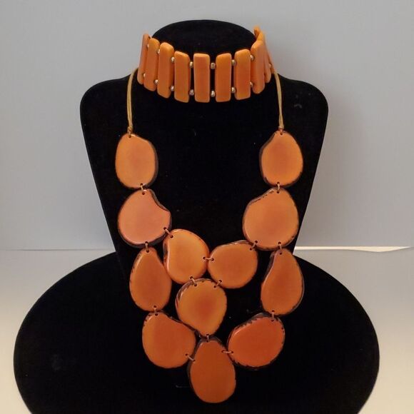 Tagua Nut Orange Necklace Bracelet - Picture 1 of 9